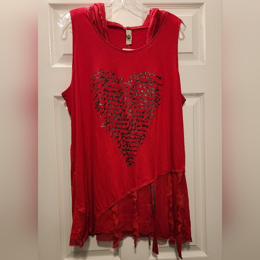 NWT tredy Sleevless Detachable Hood Shirt Tank • je t'aime/I Love You Heart • XL